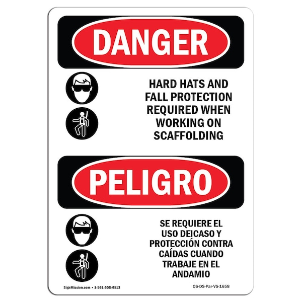 OSHA, Hats Fall Protection Scaffolding Bilingual, 18in X 12in Rigid Plastic, 12" W, 18" H, Spanish